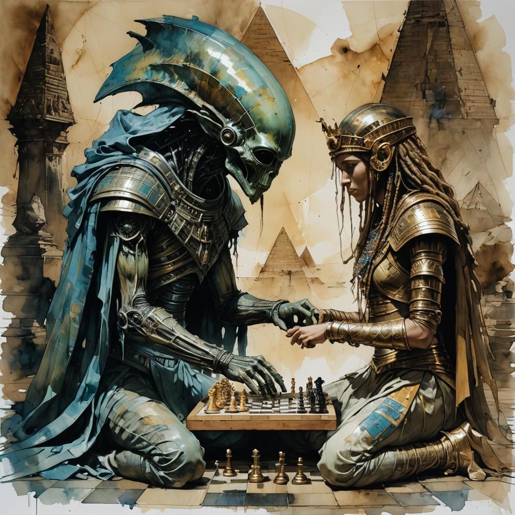 Alien Versus Pharaoh Chess Match in Pyramid