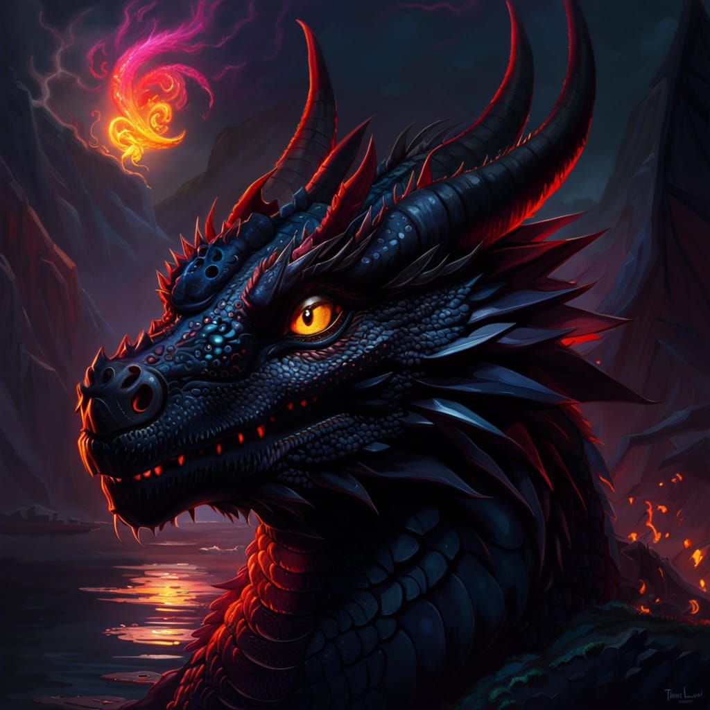 Black Dragon Portrait in Fantasy Art Style