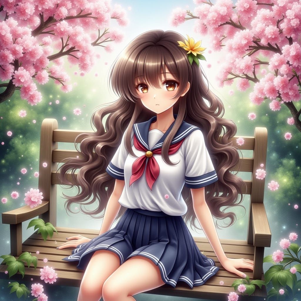Sailor Girl Enjoys Serene Cherry Blossom Garden
