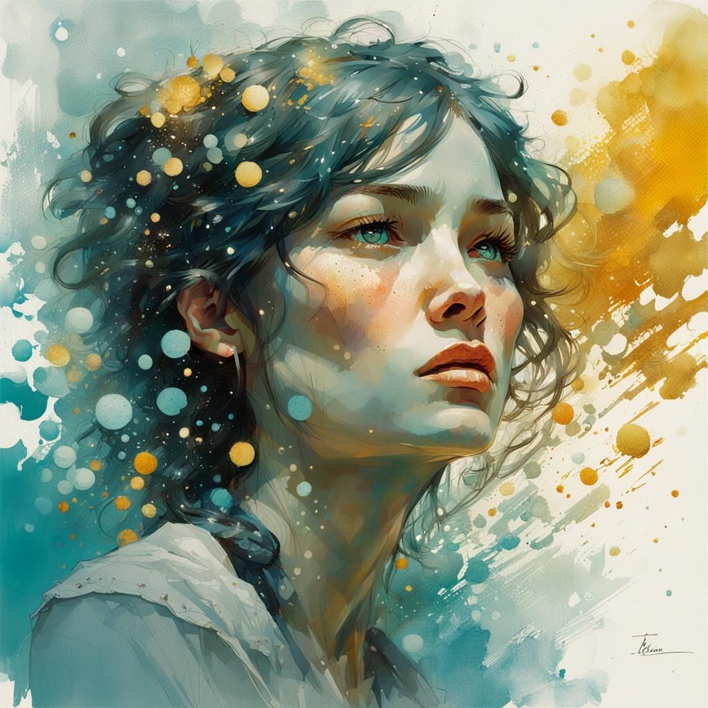 Freckled Woman Blowing Kiss in Digital Pointillism