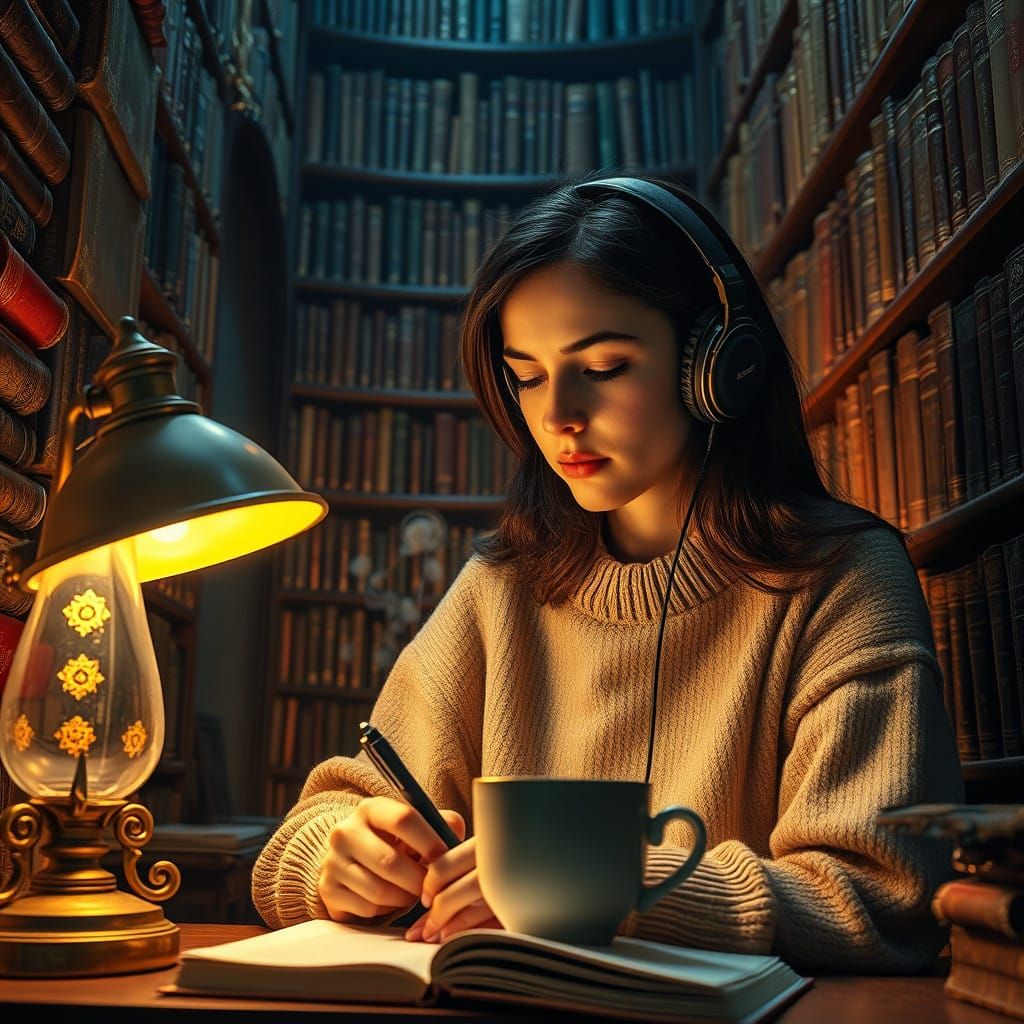 Cozy French Woman Focuses on Work in Intimate Library Corner