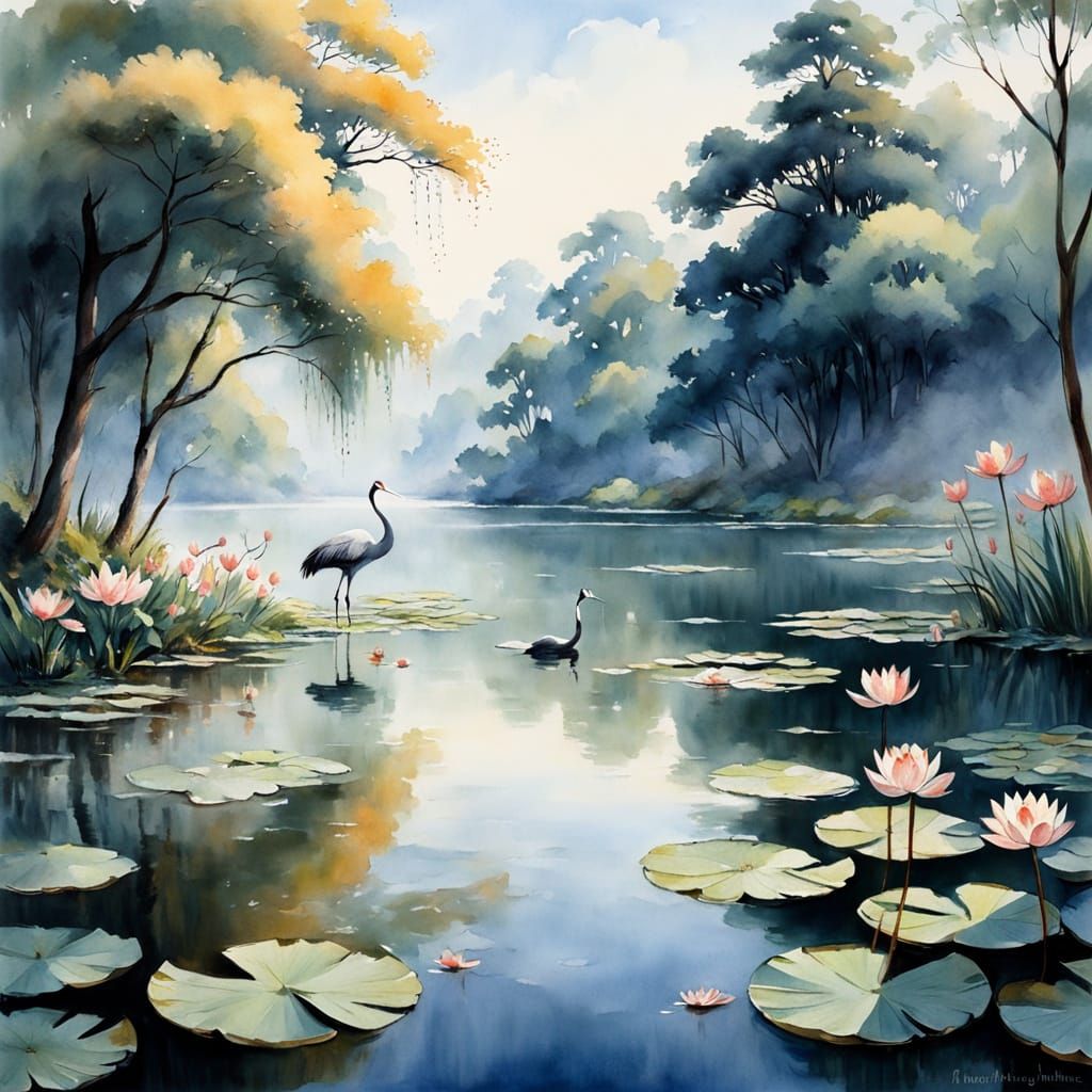 Tranquil Lakeside Monastery in Impressionist Style