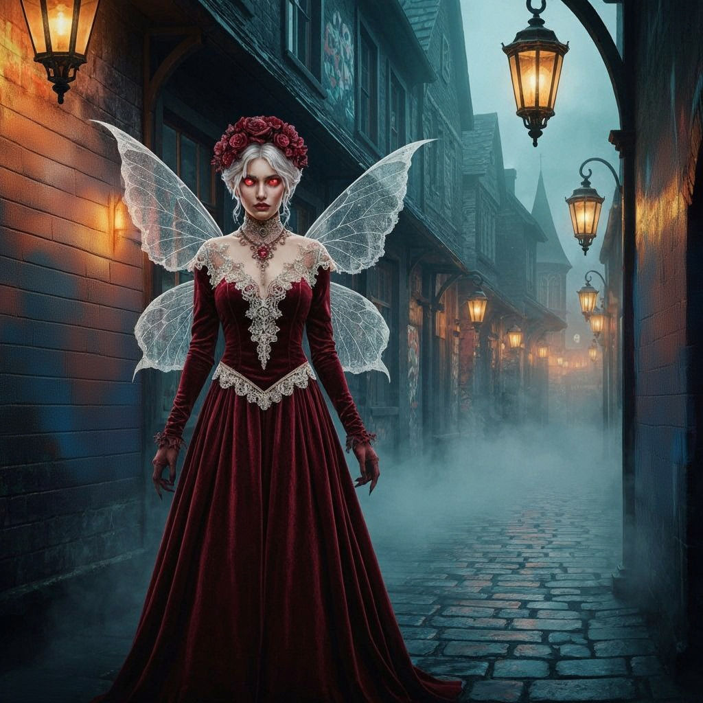 Victorian Fairy with Red Eyes in Graffiti Art Style