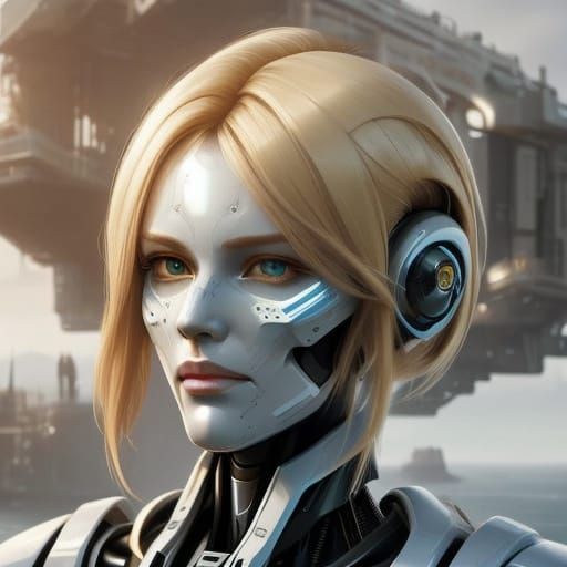 Cybernetic Lady Android in Futuristic Summer Scene