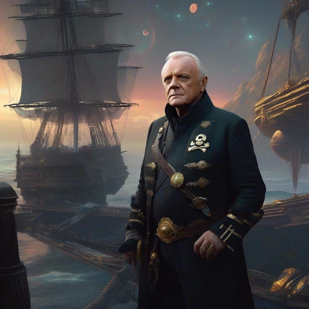 Portrait of Anthony Hopkins as Space Pirate from disney movie "Pirates of the space".  Intricate _details. Elaborate bac...