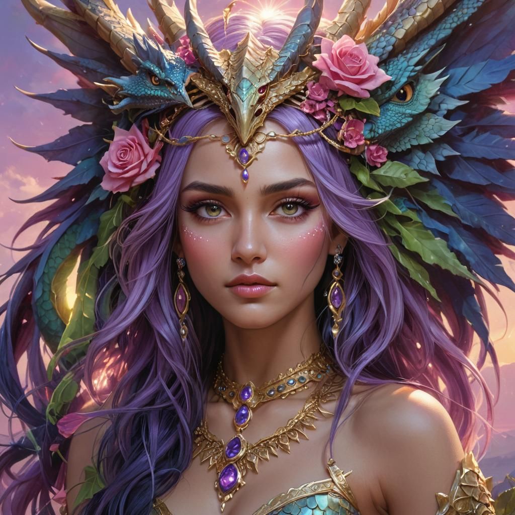 Fantasy woman with dragon scale-like skin, cradles a headdre...