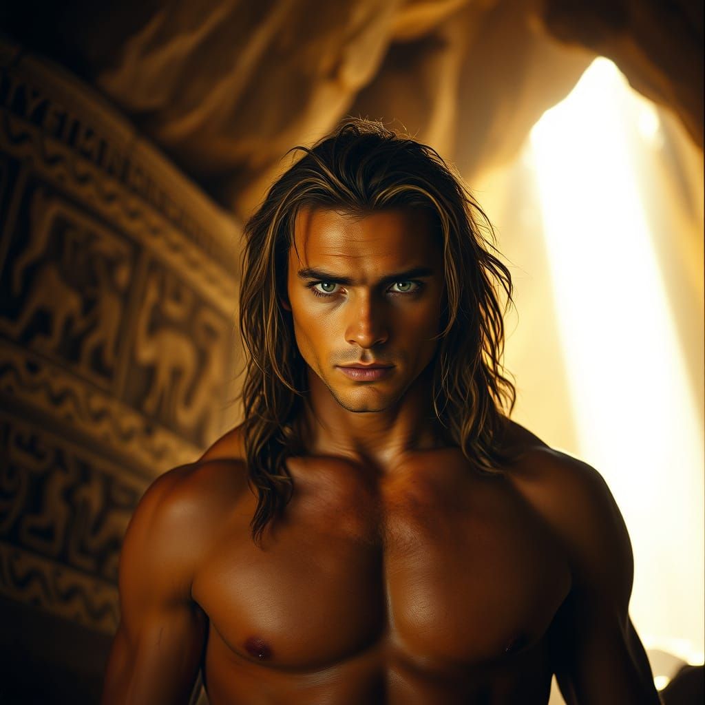 Tarzan in Ancient Sandstone Cave with Mystical Carvings
