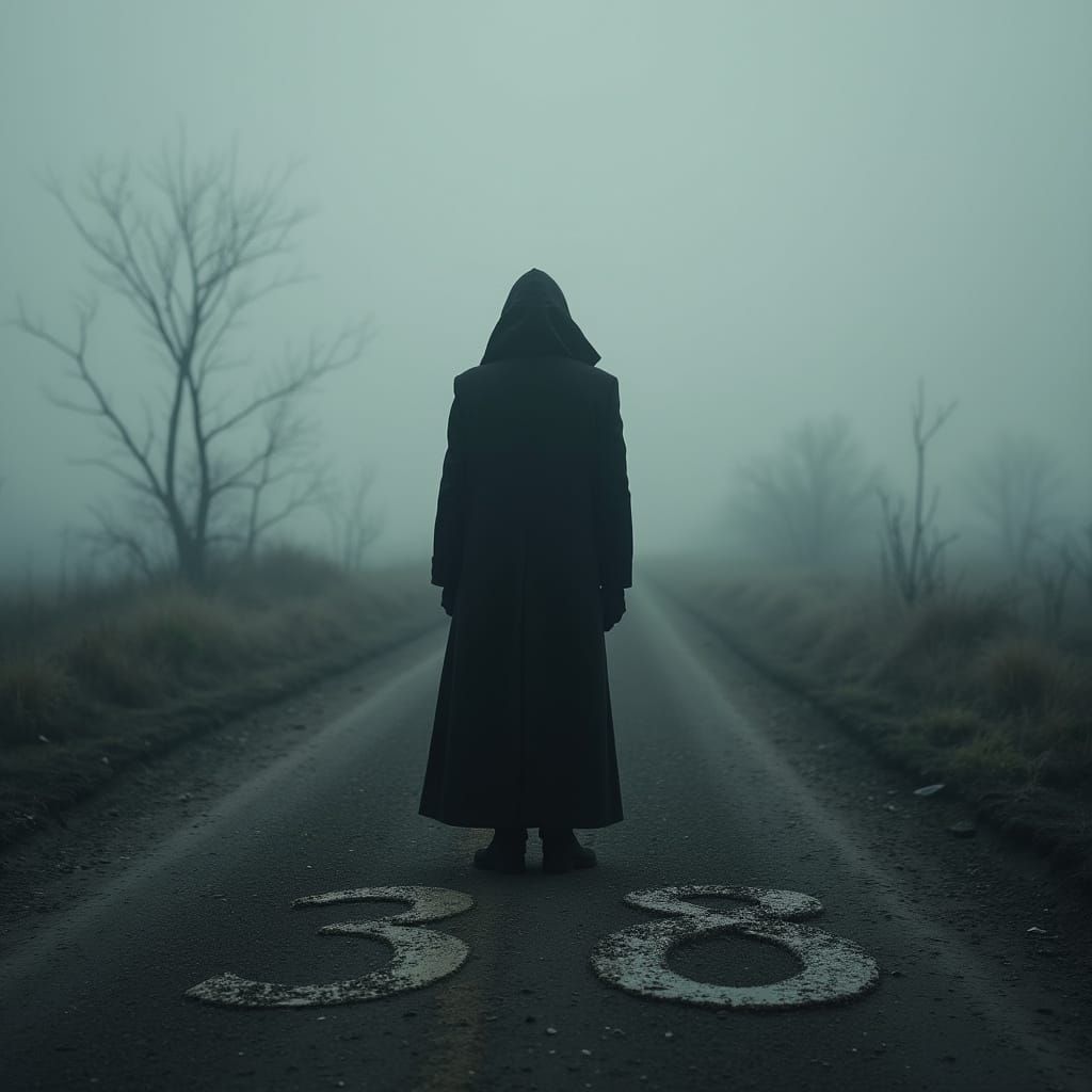 Eerie Figure in Desolate Landscape with Number 38