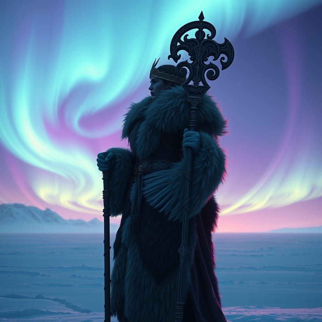 Barbarian Queen Silhouetted Against Vibrant Aurora Borealis ...