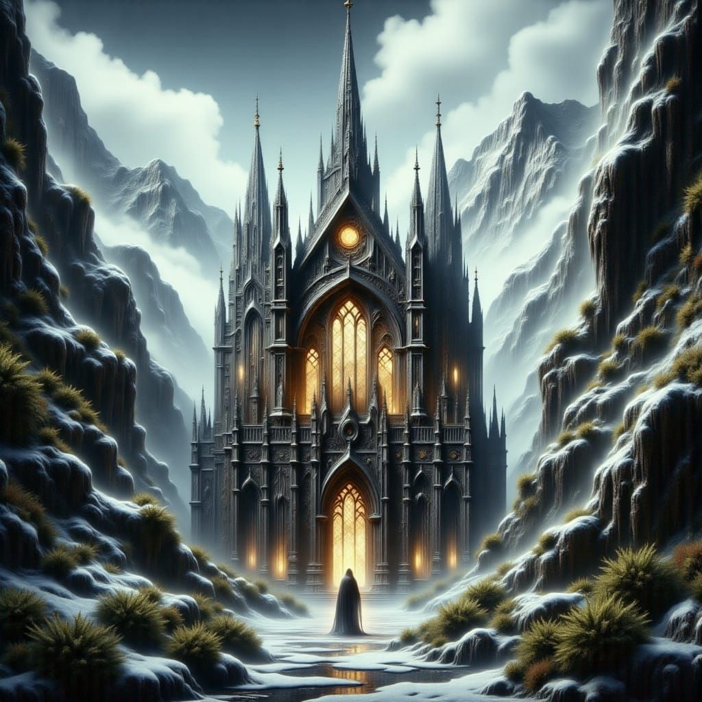 Gothic Crystal Cathedral on Snowy Mountain Plateau