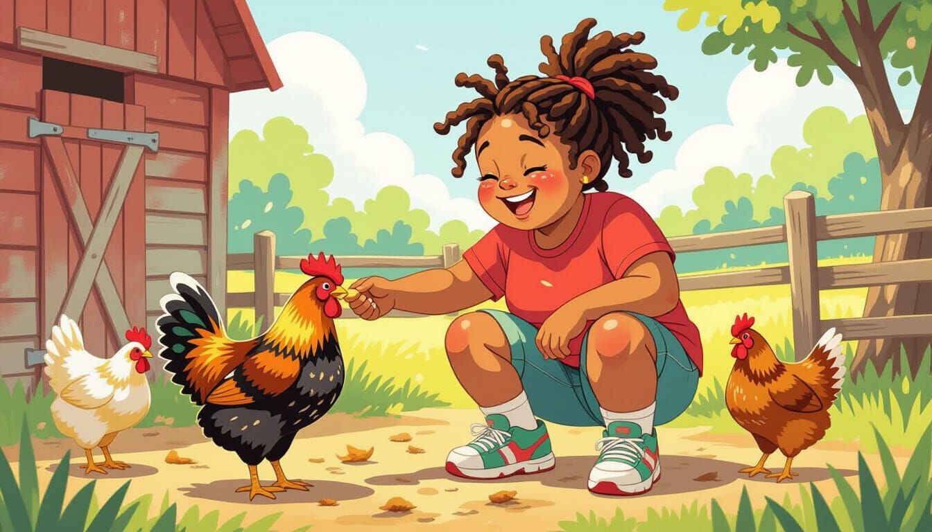 Smiling Girl Feeding Chickens as Watercolor Painting