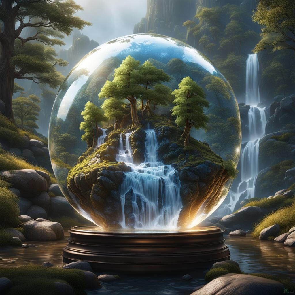Mountain Waterfall in Glass Globe: Detailed Matte Painting