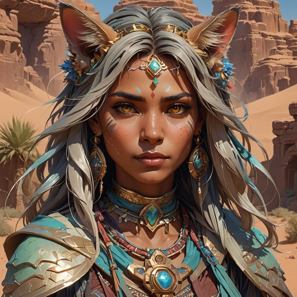 Desert Catfolk Portrait in Hyperdetailed Lighting