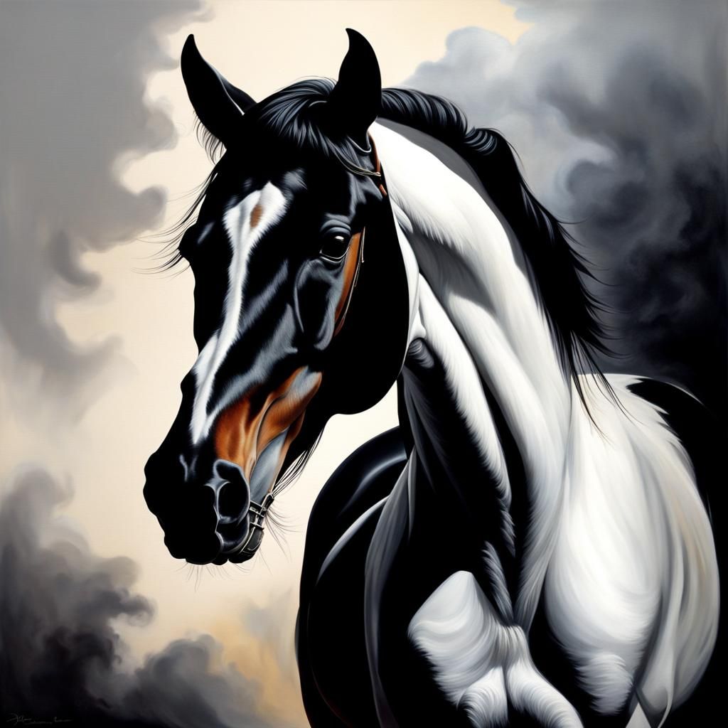 Hyperrealistic Portrait of a Black Horse and Foal