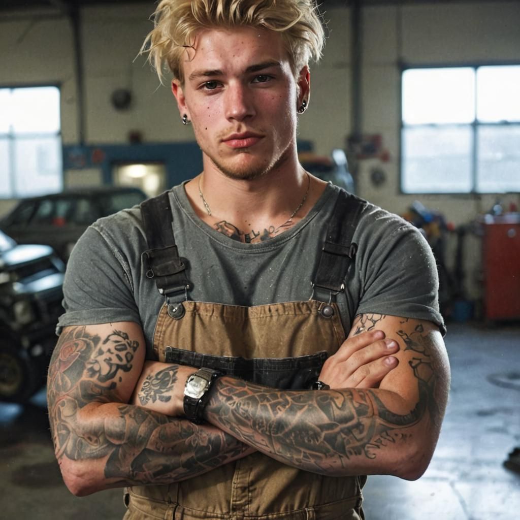 Blond Mechanic With Tattoos in Garage