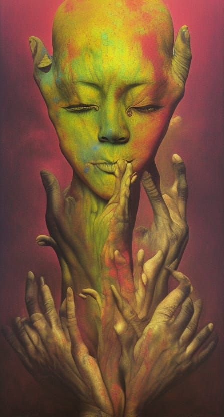 Inspired by Steve McCurry's Holi Festival photography, Peaceful but painful deathmask, Zdzisław Beksiński, and Jack Ede.
