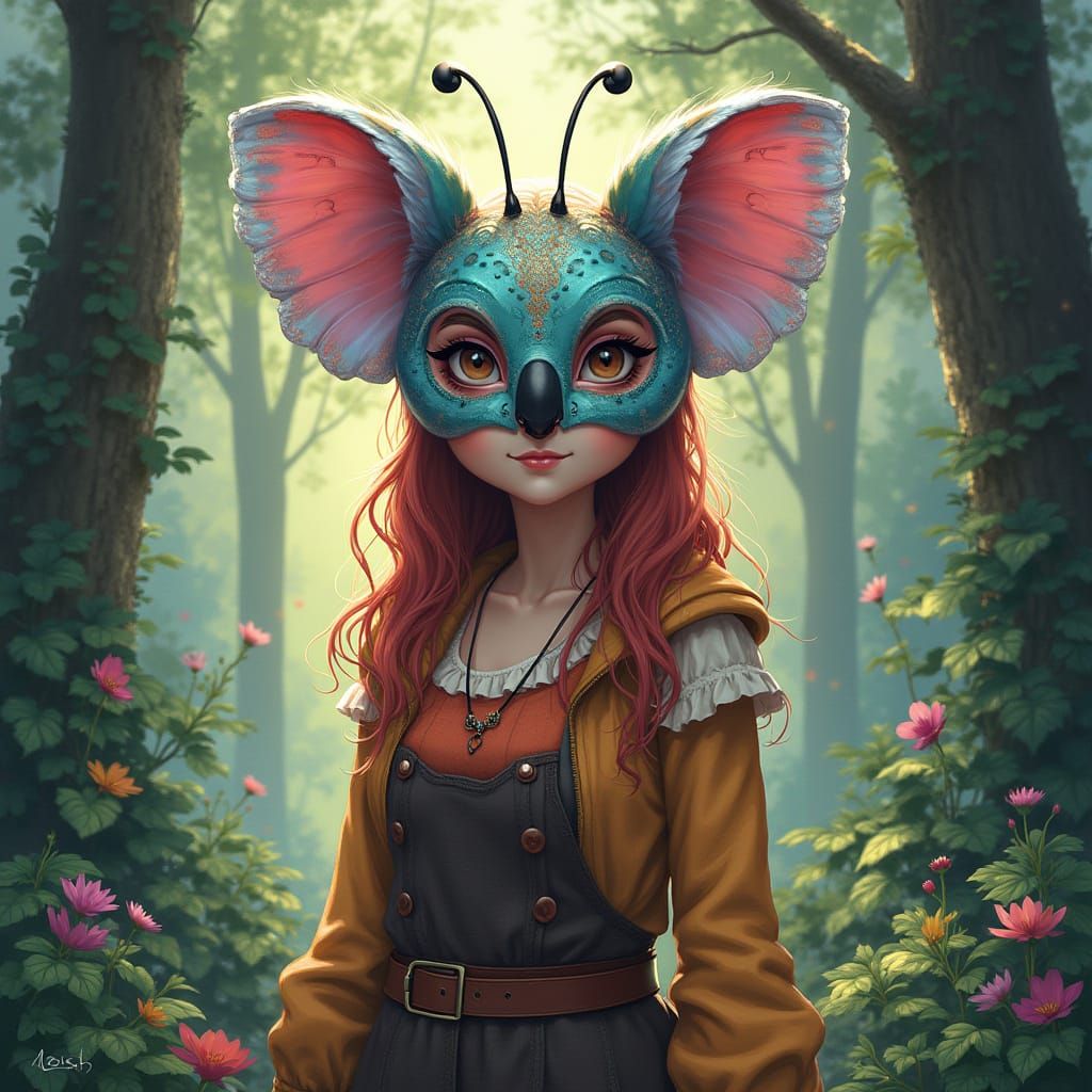 Woman with Butterfly Mask in Whimsical Forest