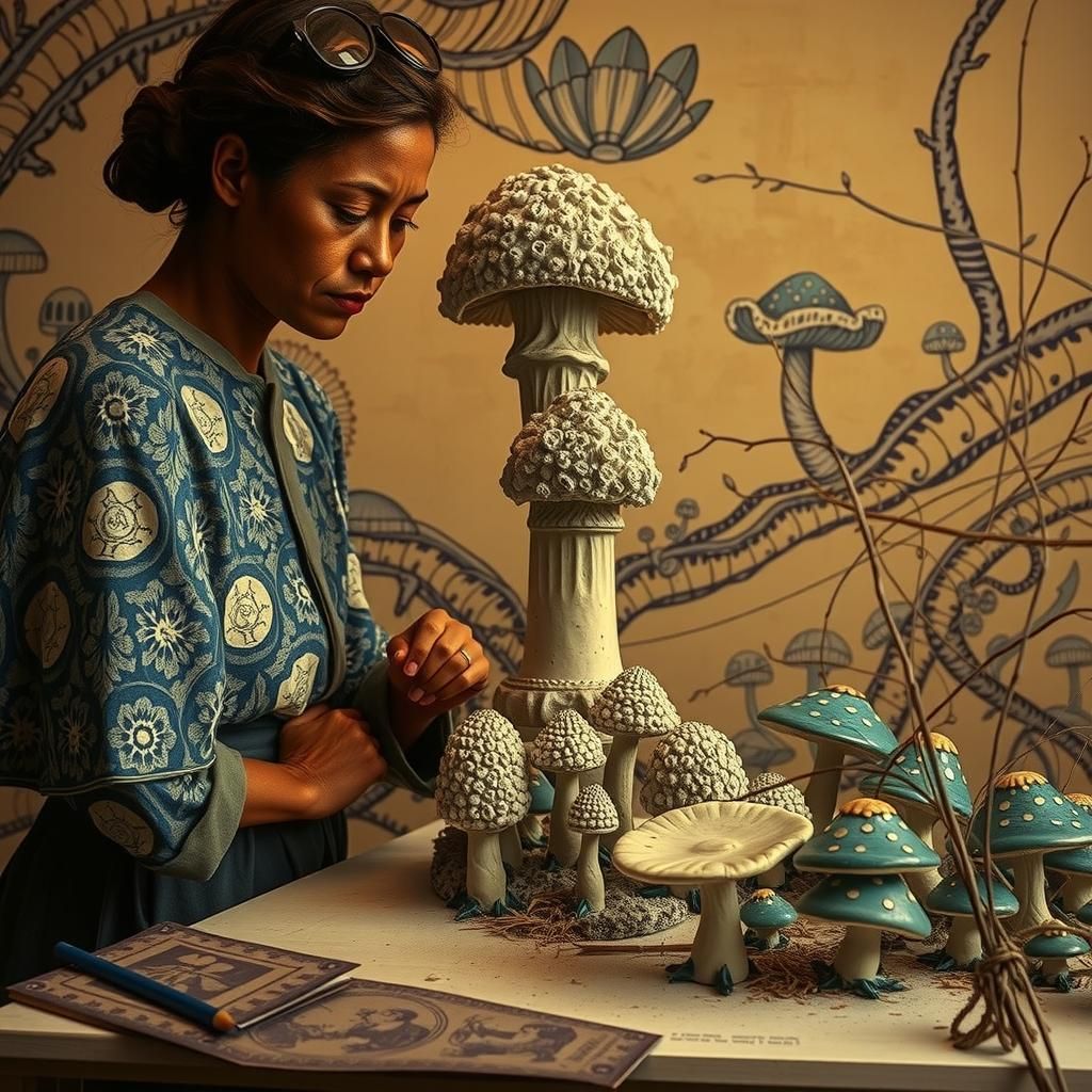 Mushroom Cultivation with Porcelain Sculptors in Linocut Sty...