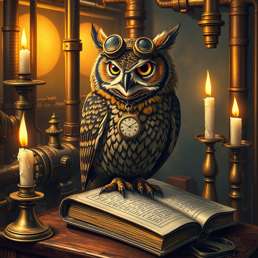Steampunk Owl Amidst Vintage Scientific Illustration