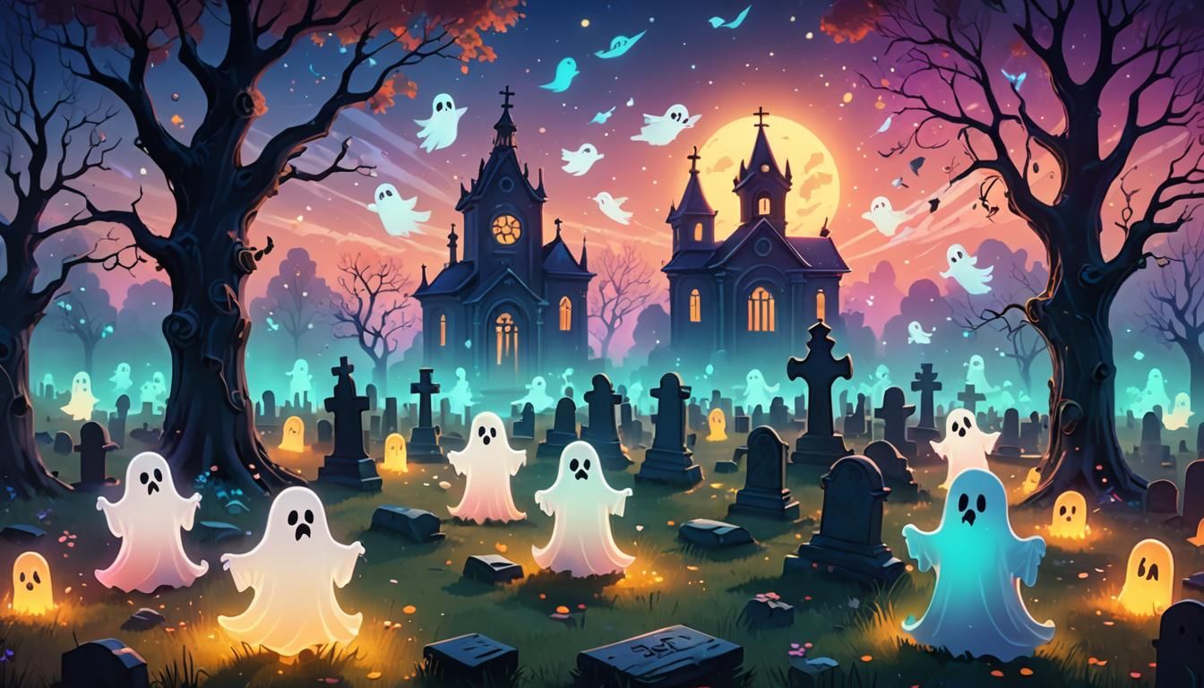 Cute Ghosts Floating in Graveyard at Dusk