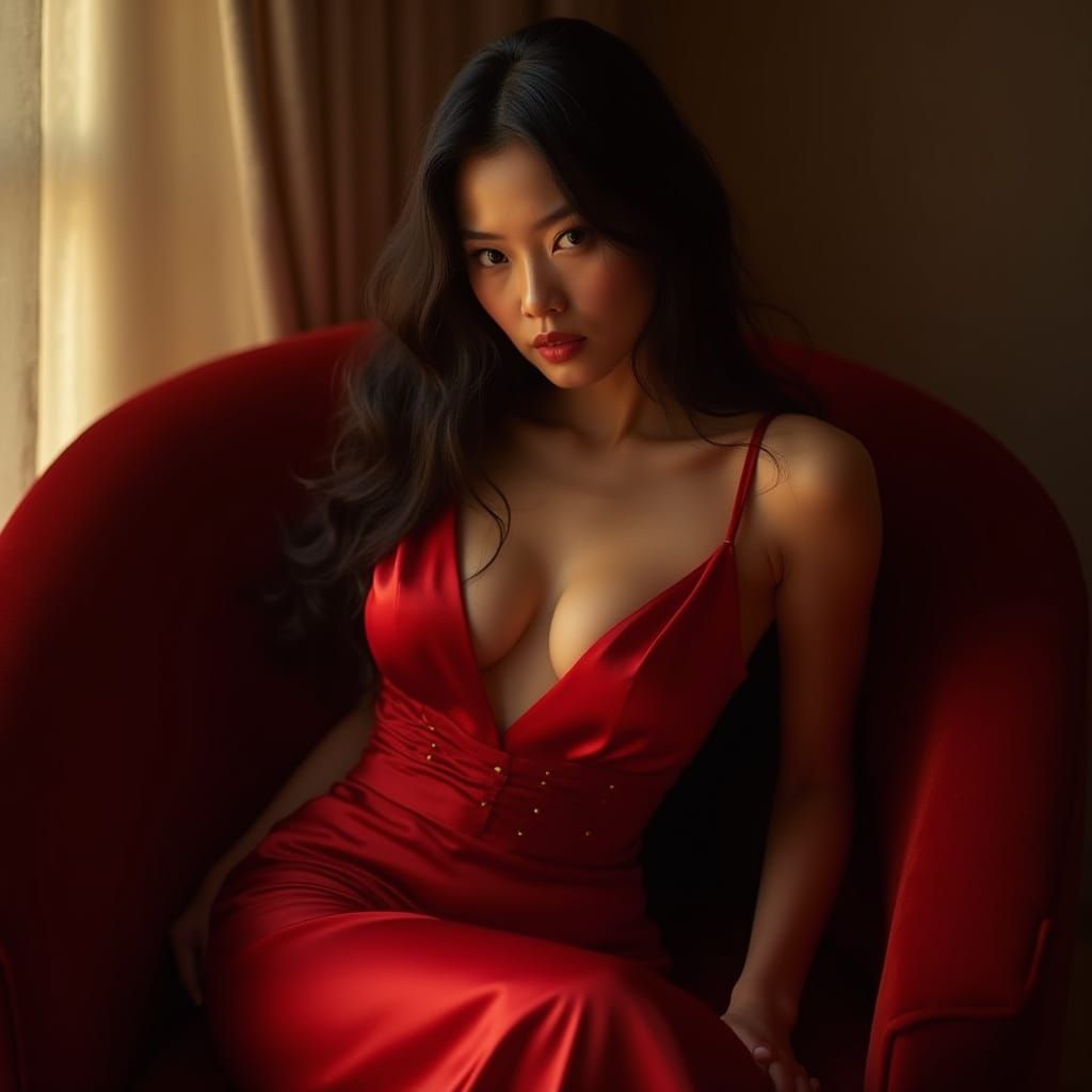 Elegant Southeast Asian Woman in Red Silk Dress