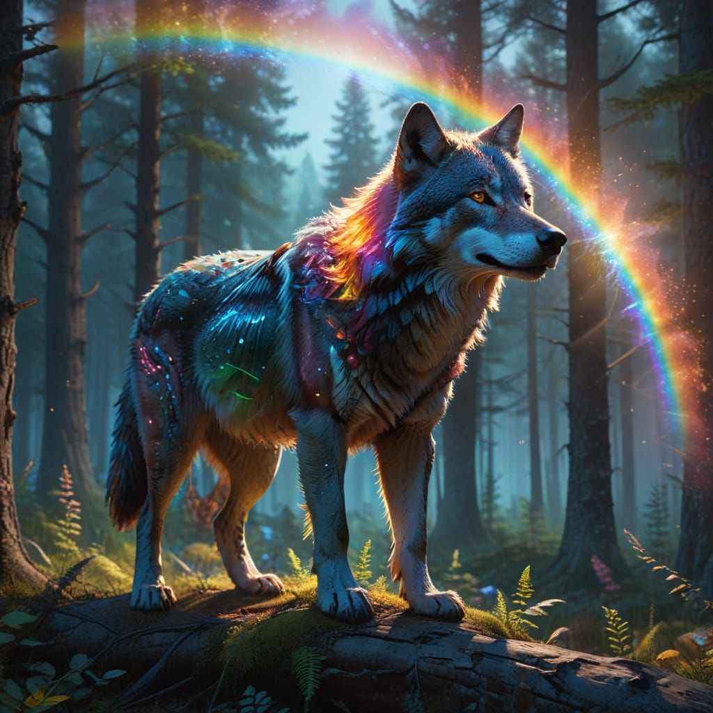 Wolf With Rainbow Aura in Mystical Forest Double Exposure
