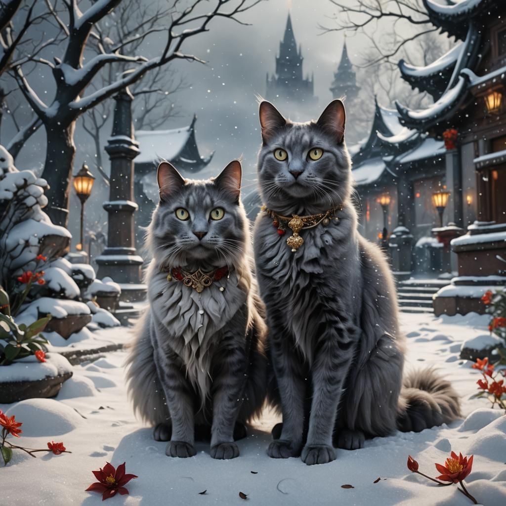 Malay Wedding with Nebelung Cat in Snowy Fantasy