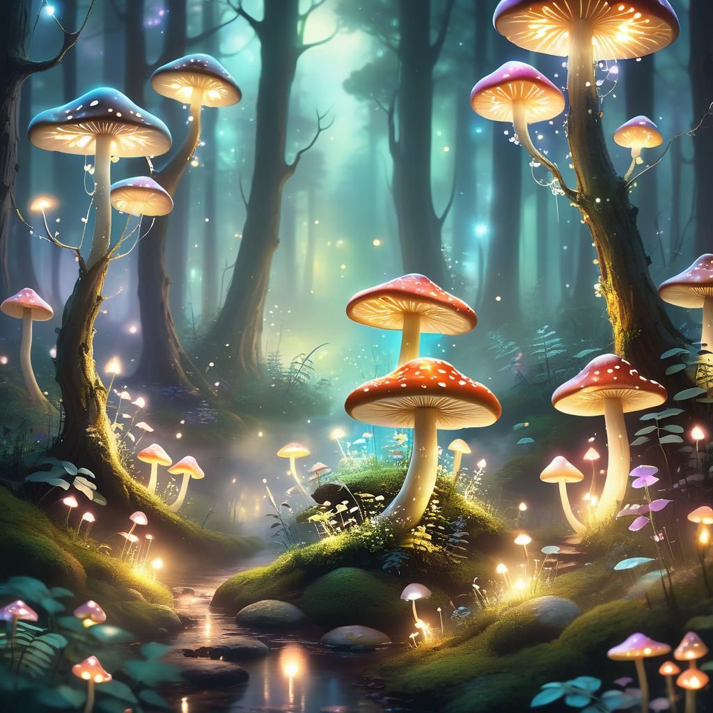Mystical Forest with Glowing Mushrooms in Ethereal Style