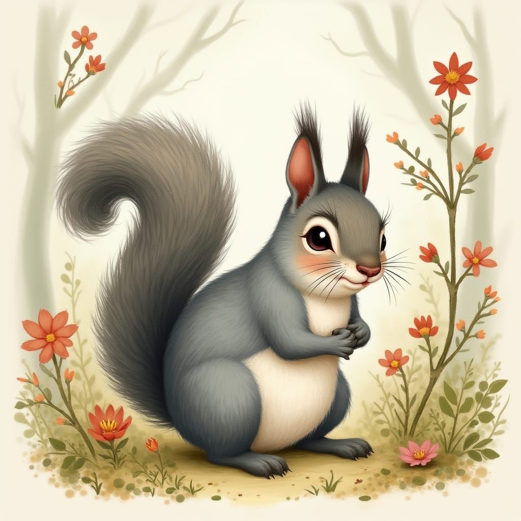 Whimsical Gray Squirrel in Watercolor Style