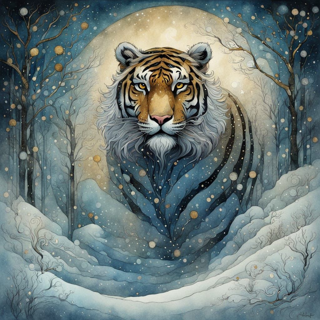 Surreal Winter Tiger Dances in a Swirly Snowscape