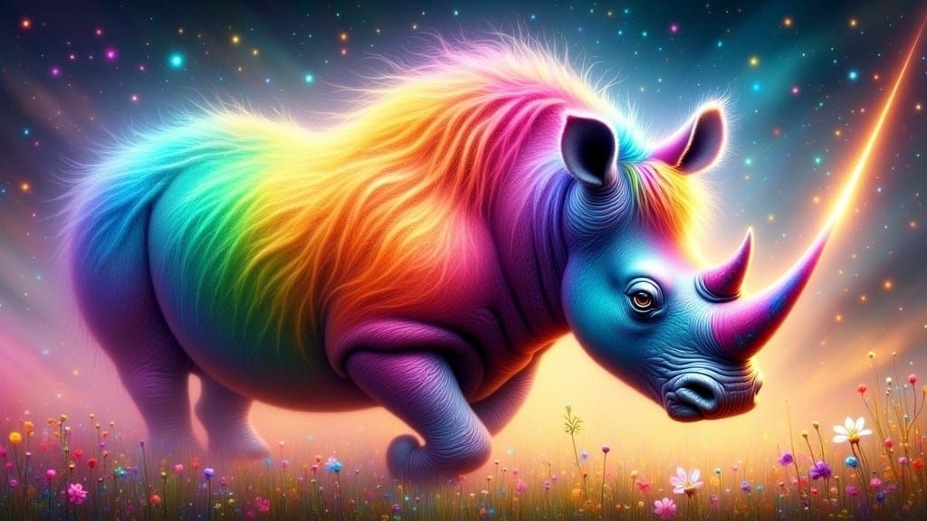 Rainbow Rhino Charging Through Kaleidoscope