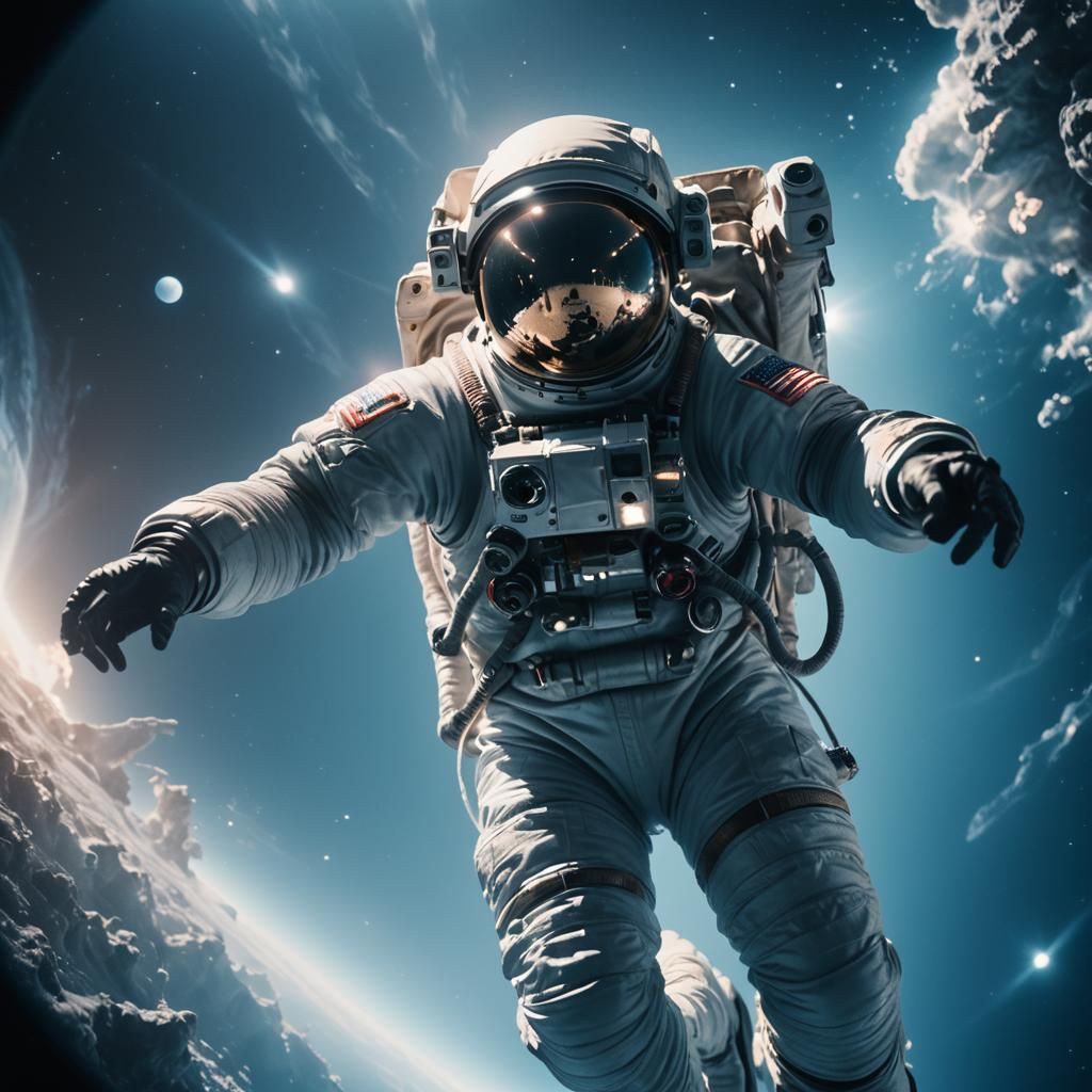 Astronaut in Space with Blue Light: Cinematic Film Still