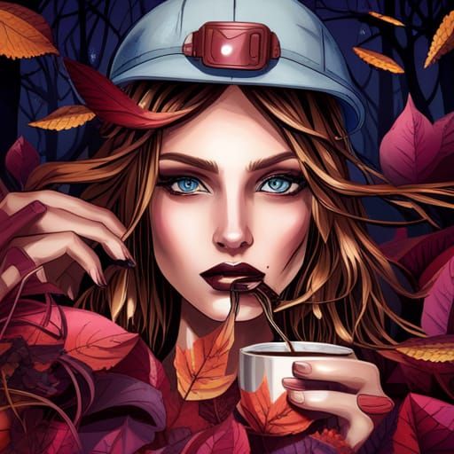 Anime Girl in Autumn Leaves with Coffee
