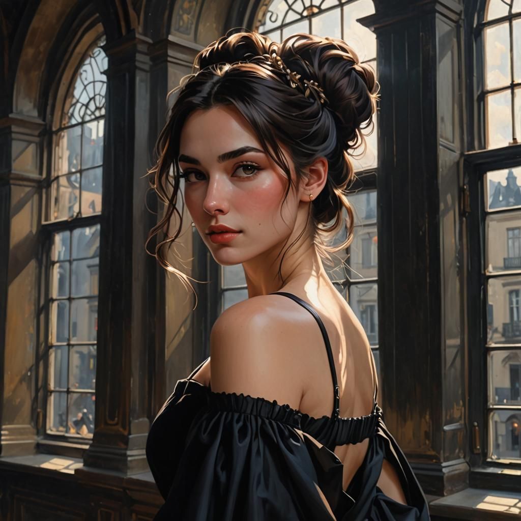 Girl in Black Gown with Sunlight, Ukiyo-e Style