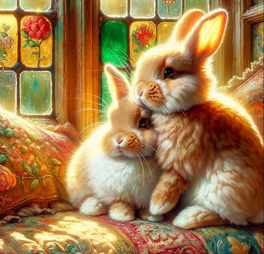 Impressionist Bunnies Snuggled on Antique Quilt