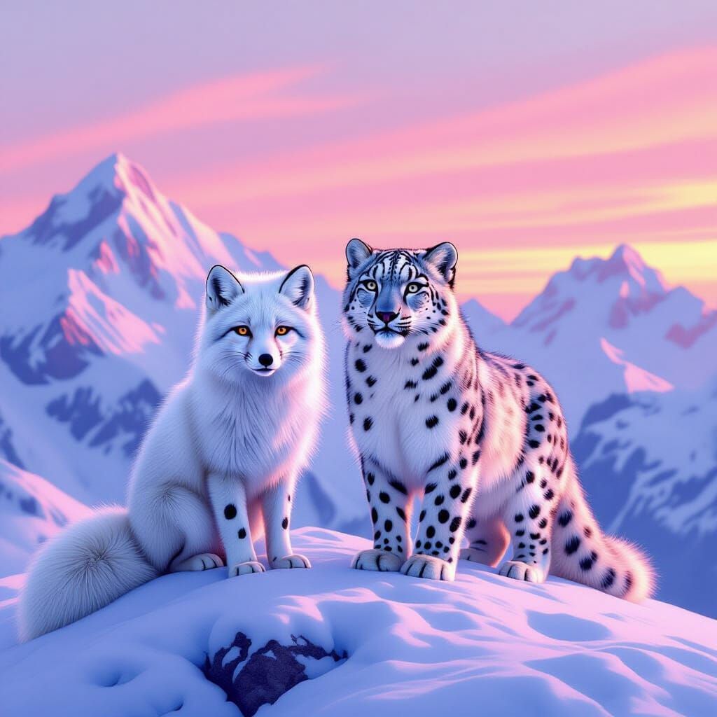 Arctic Fox and Snow Leopard on Mountain Peak at Dawn