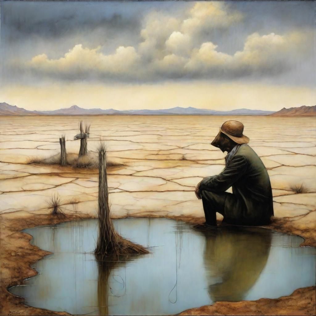 Crying Man on Salt Flat, Surreal Illustration