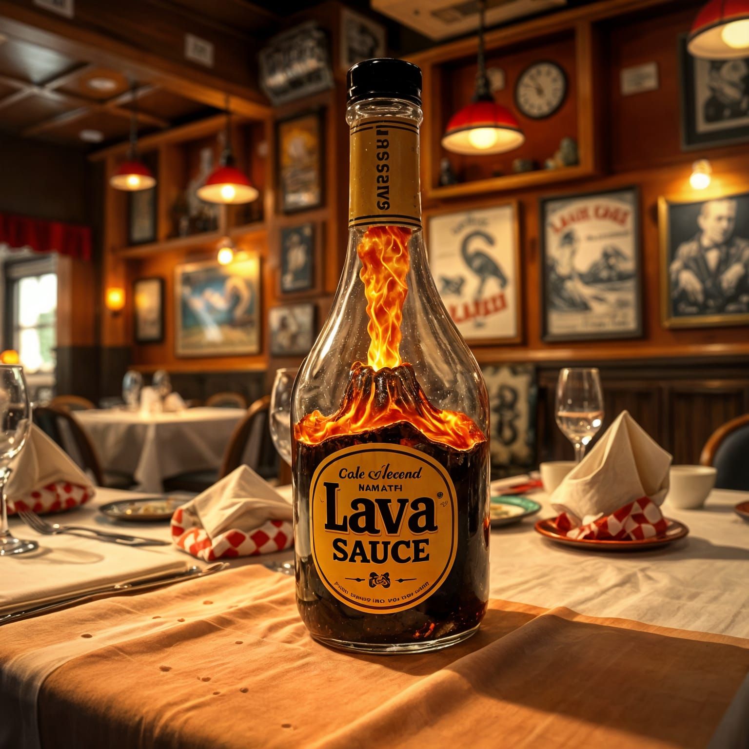 Erupting Lava Sauce Bottle in Italian Restaurant