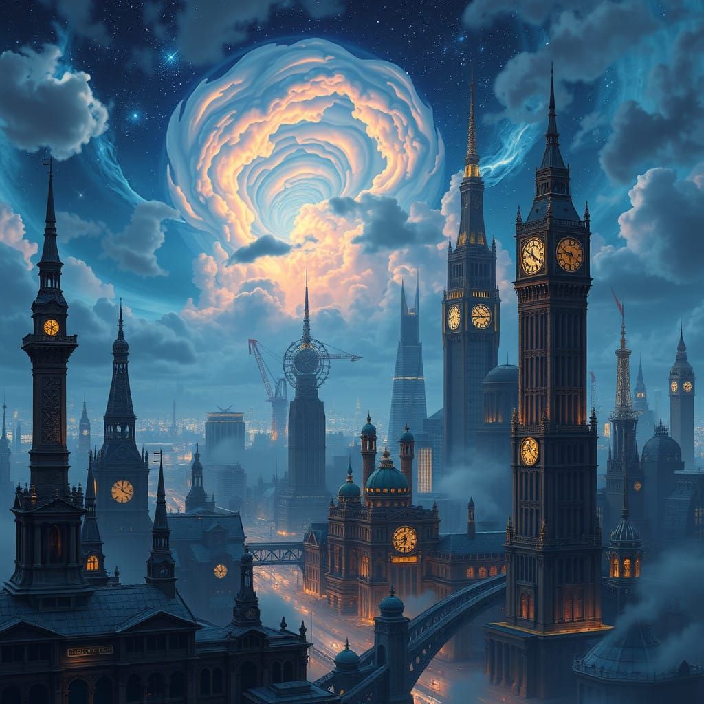 Victorian Steampunk Metropolis Under Starry Skies