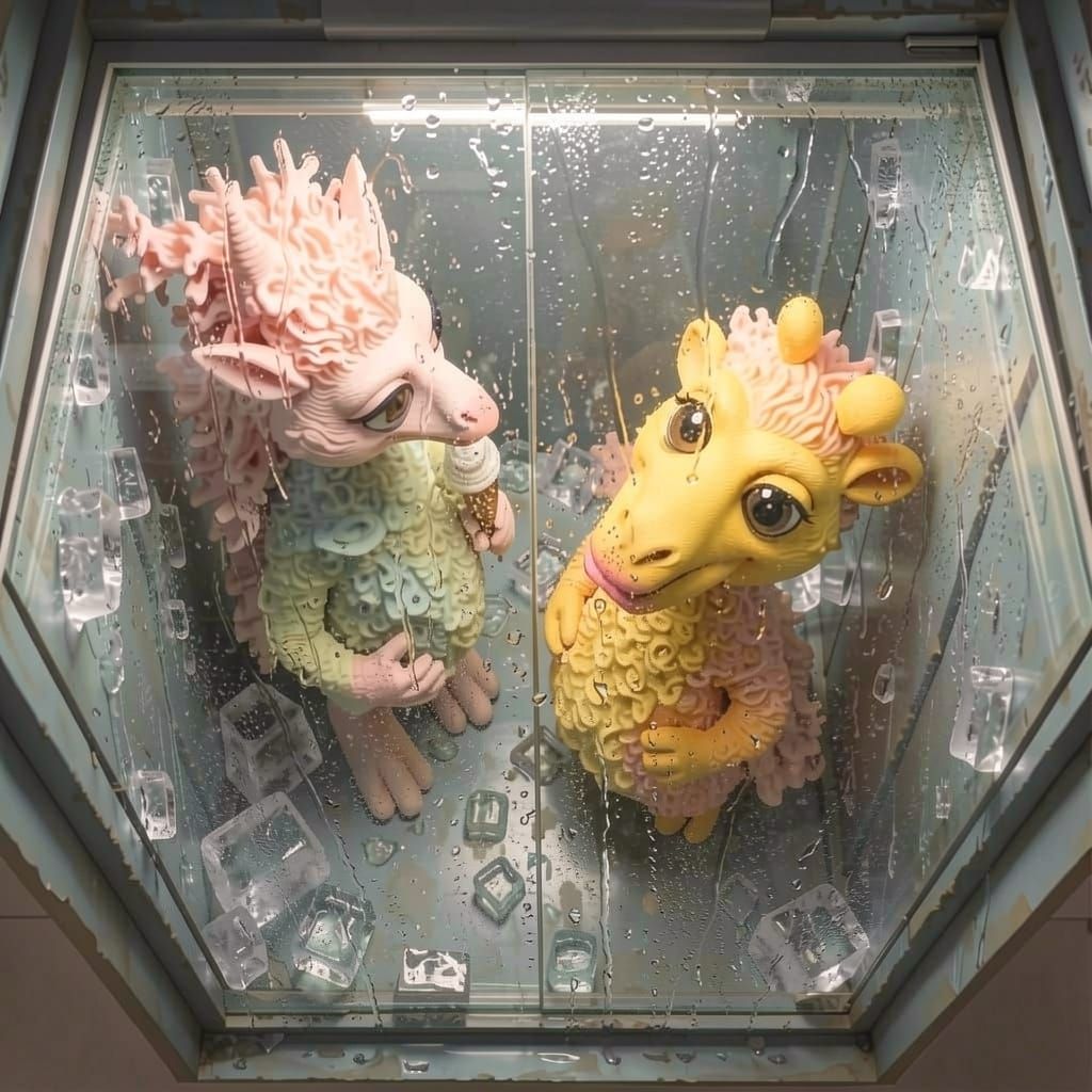 Scared Ice Creams Observe Dwarf Giraffe in Freezer