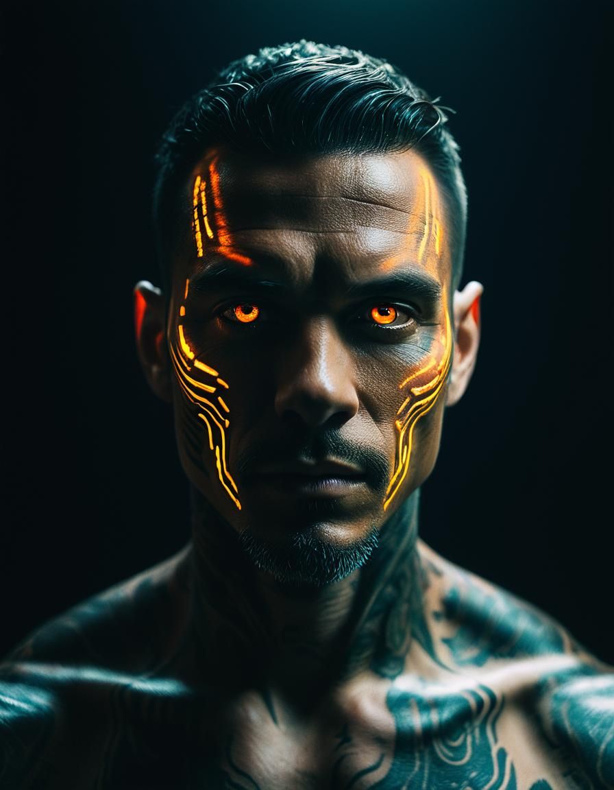 Biopunk Portrait: Bio-Modified Man in Film Still