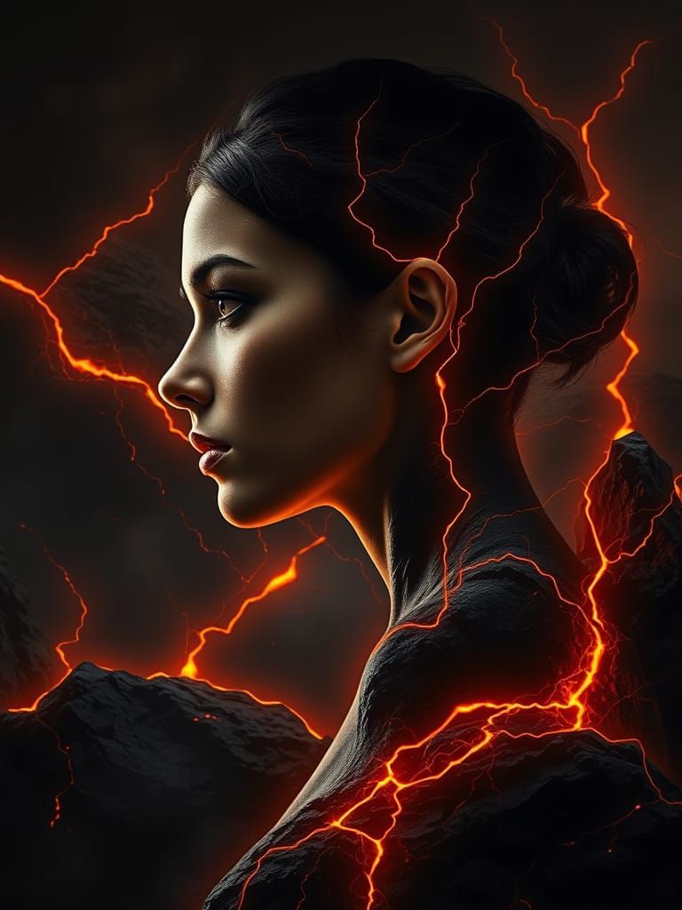 Surreal Portrait of a Woman in Volcanic Rock, Bathed in Gold...