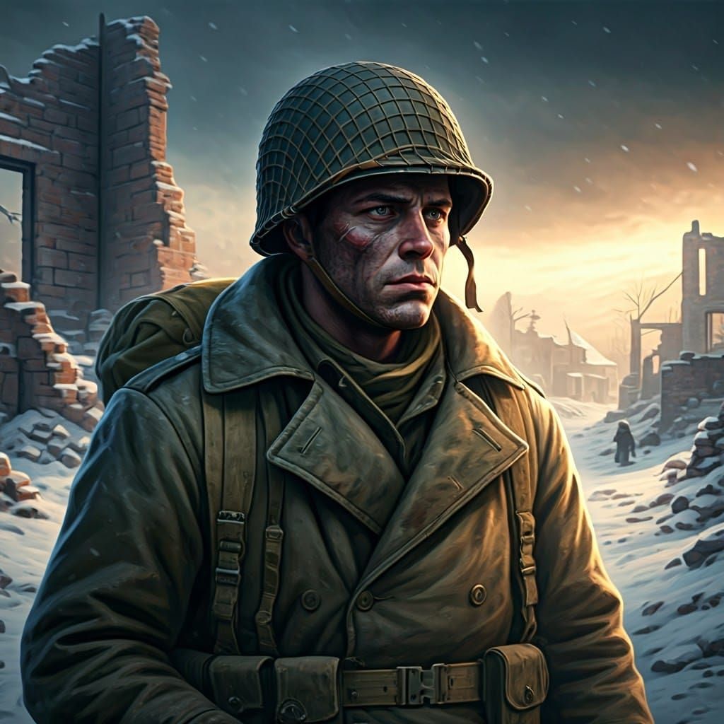 Battle-Weary Soldier Stands Guard in Snowy Ruins of War-Torn...