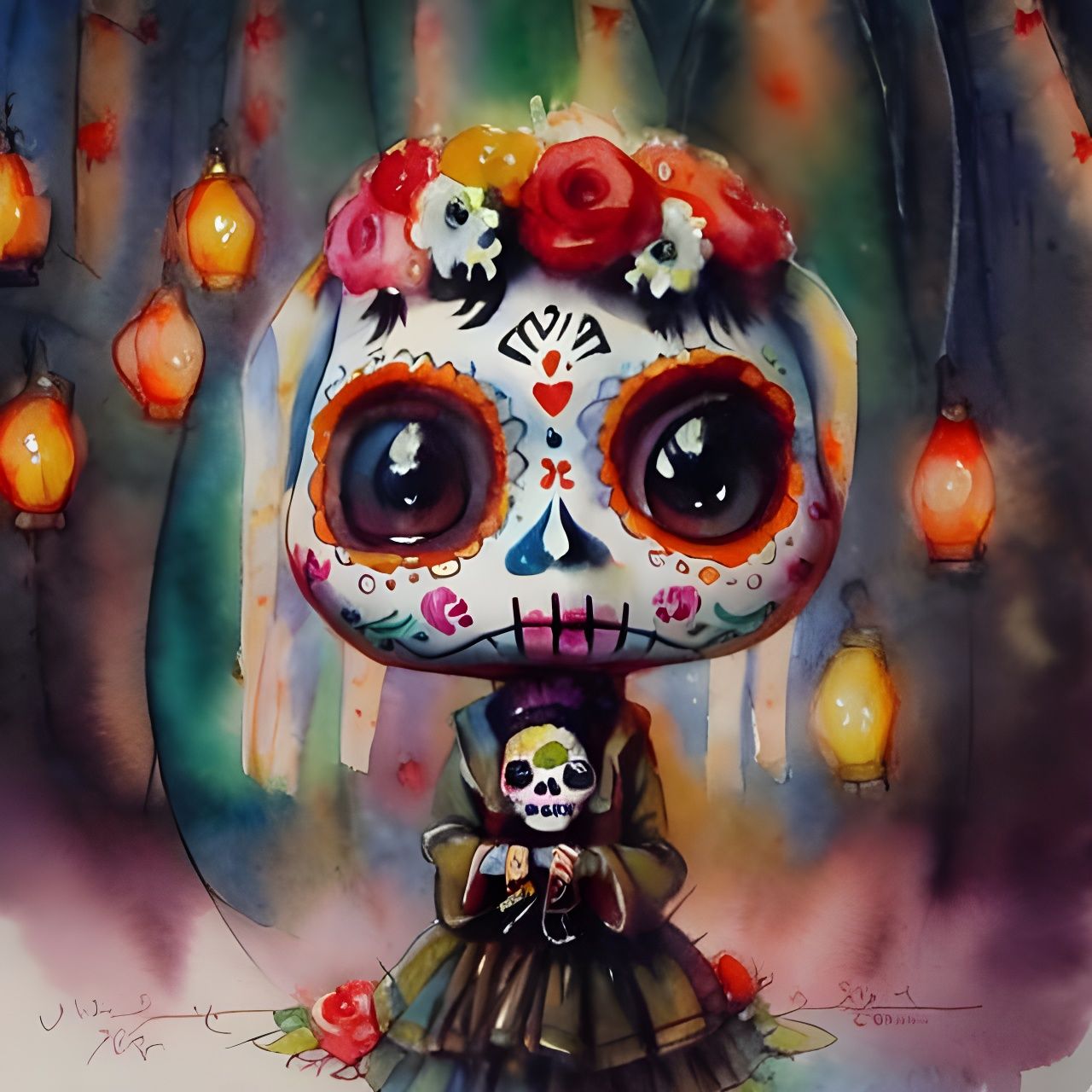 Vibrant Dia de los Muertos Bobblehead in Watercolor Style