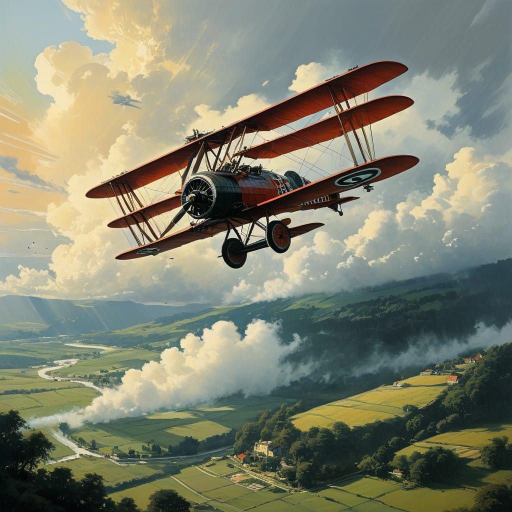 The Red Baron's Fokker Triplane Soars Above Rural France in...