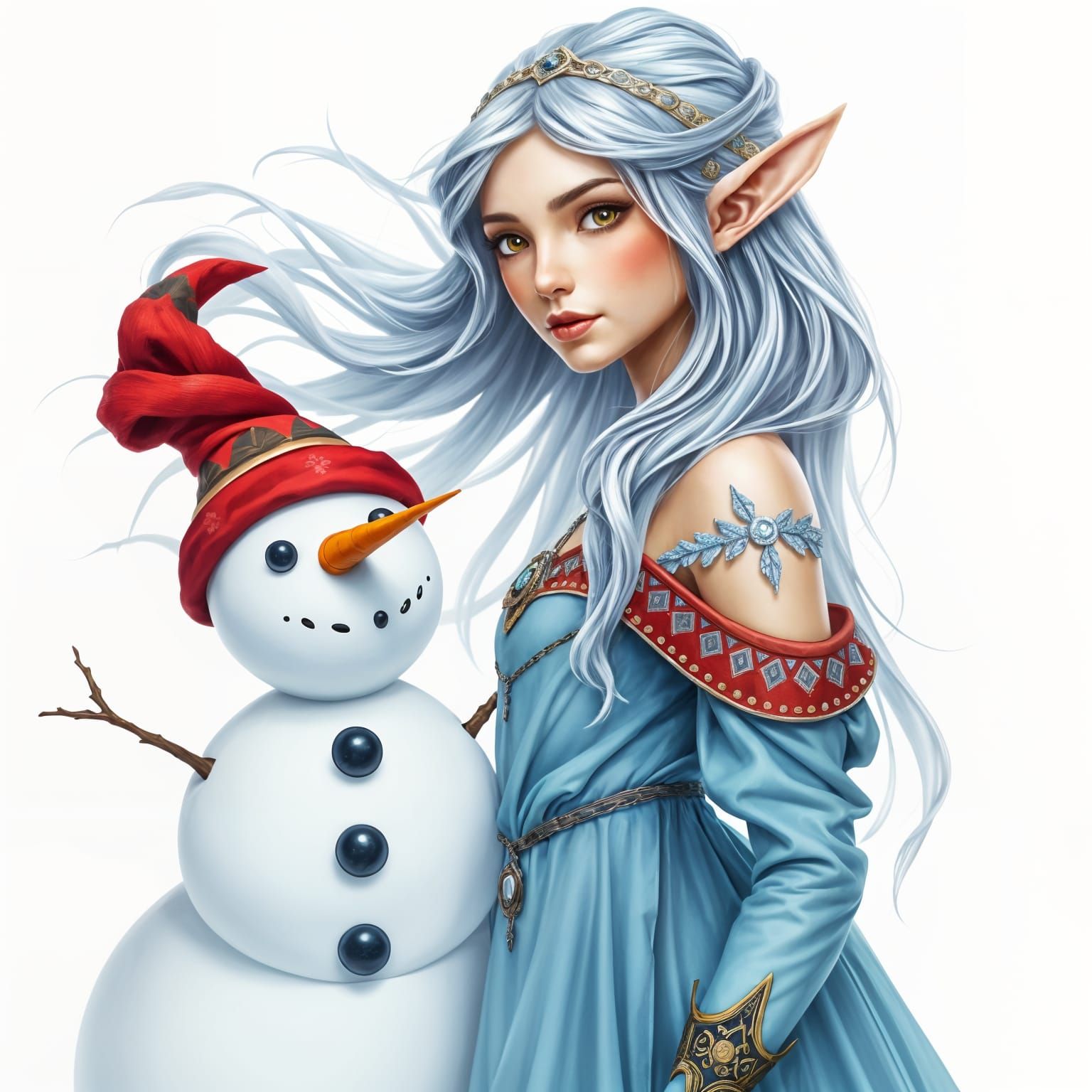 Surreal Fantasy Elf and Snowman Duo