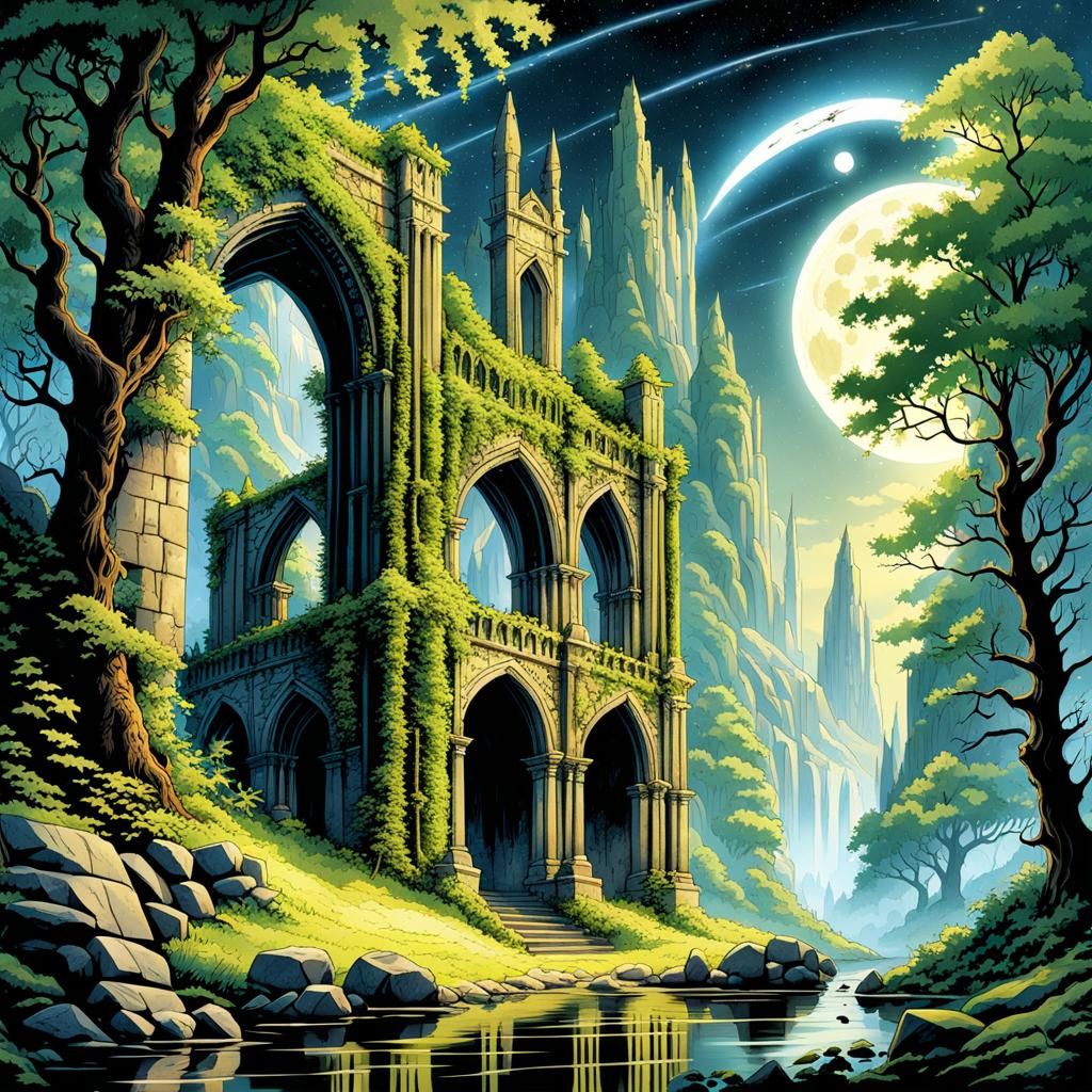 Gothic Forest Ruins with Stars and Fireflies