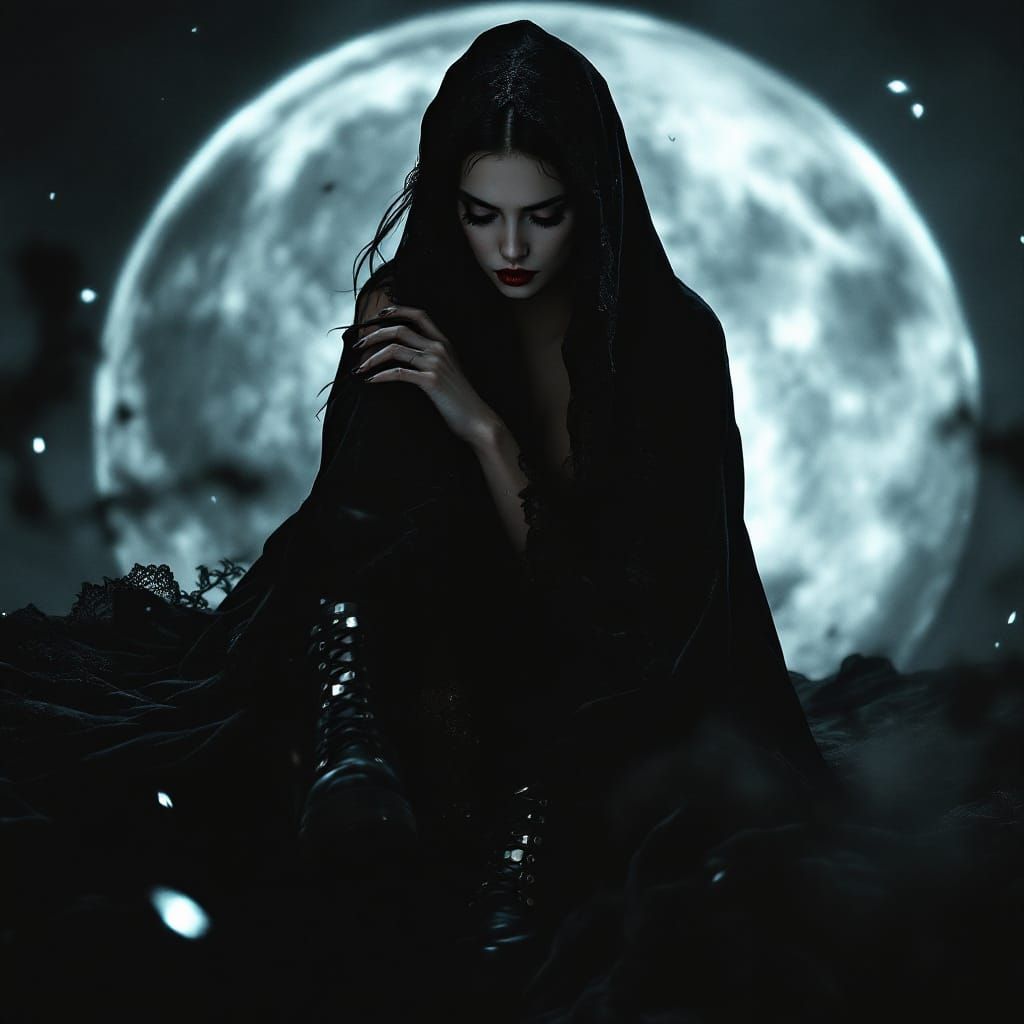 Enigmatic Woman in Velvet Gown and Moonlight