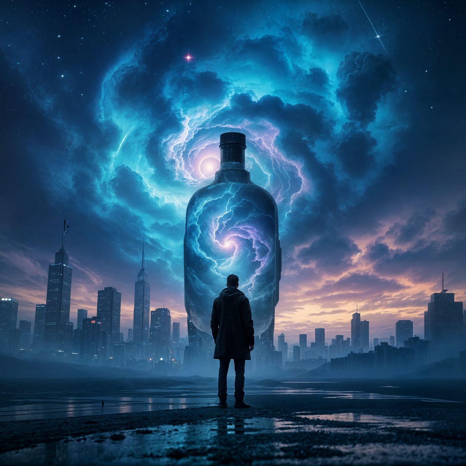 Man in Futuristic Cityscape Under Nebula Sky