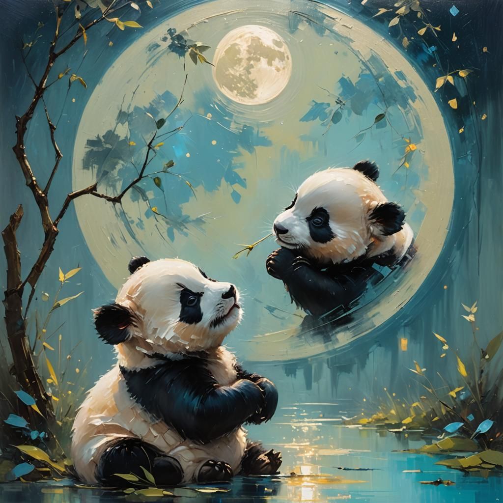 Baby Pandas Kiss Under Moonlight in Oil
